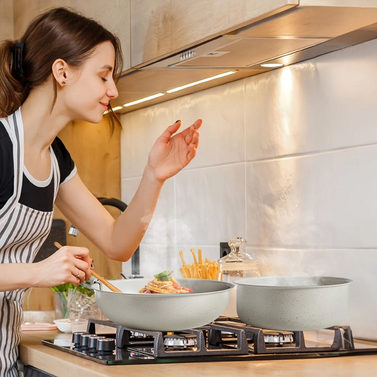 12pcs White Granite Cookware Set - Induction Ready Nonstick Pots And Pans With Removable Handles, Including Frying Pans And Sauc