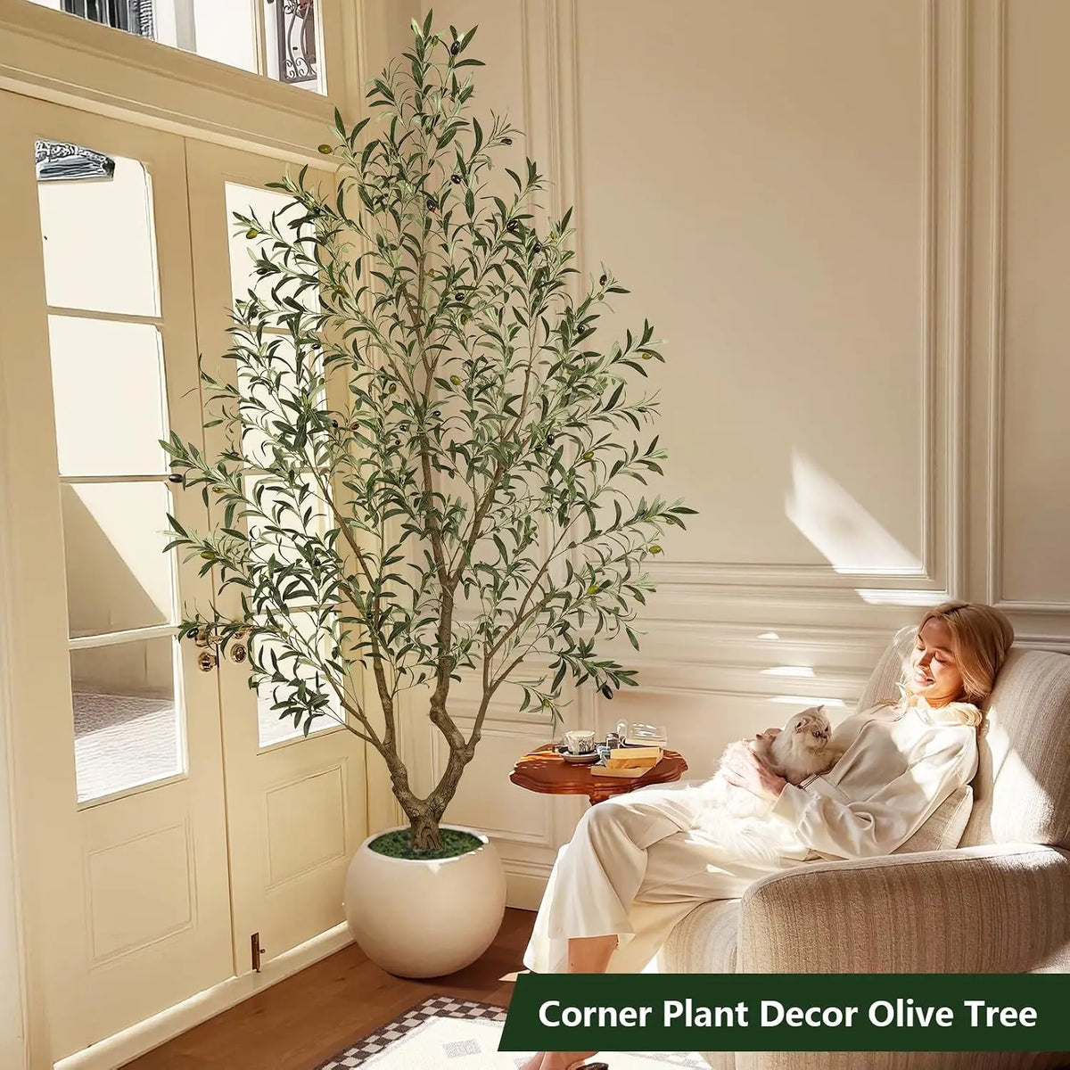 8FT Artificial Olive Tree Indoor with White Round Planter Full Shape Faux Olive Plant PE Leaves Plastic Trunk Decor for Living Room Office