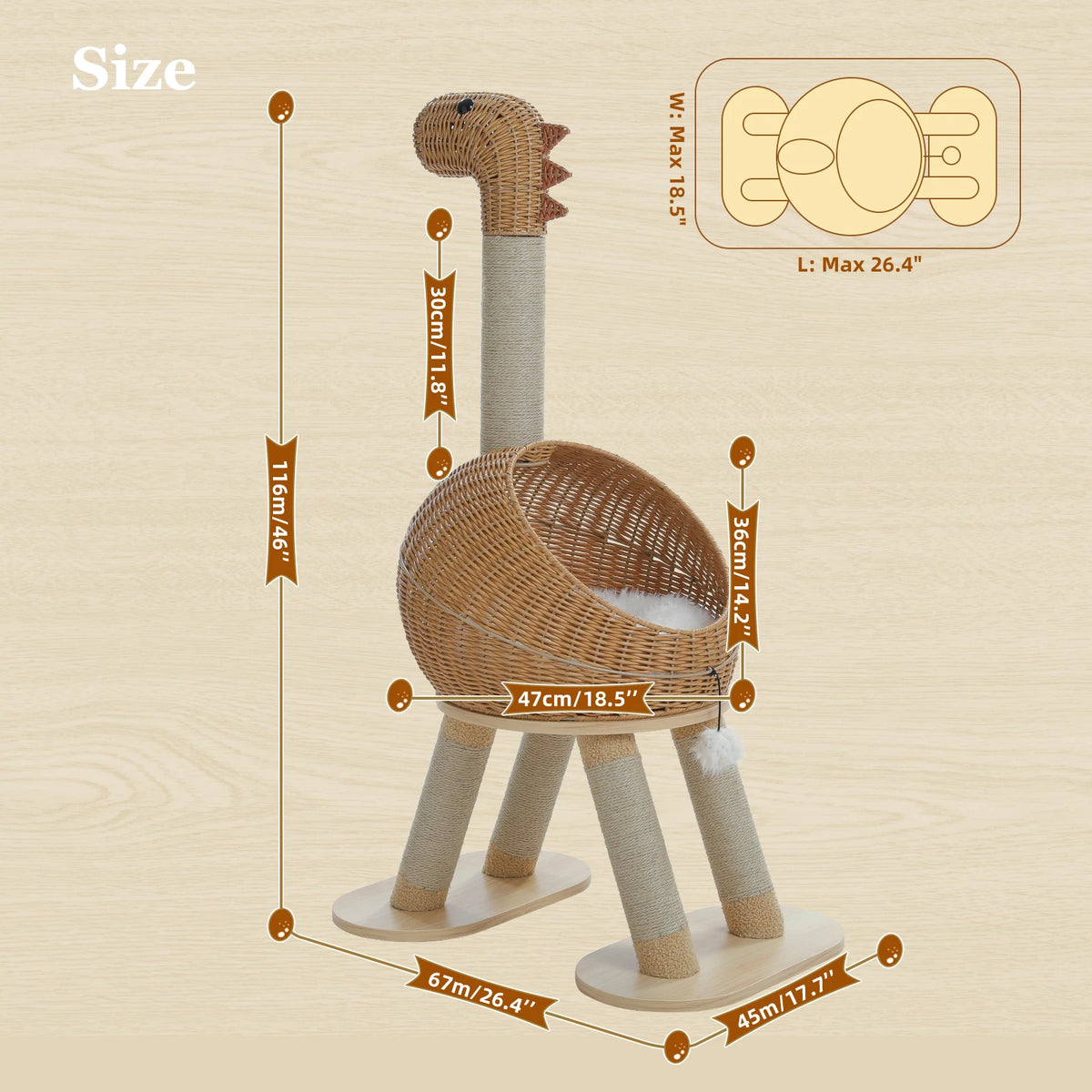 Dinosaur Cat Tree Tower with Sisal Scratching Post Large Rattan Cat Condo for Indoor Wicker Cat Bed with Removable Mat Cat Toys