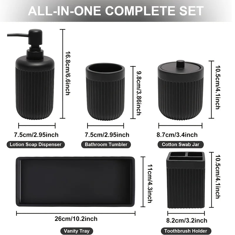Matte Black Bathroom Accessories Set – Glass Soap Dispenser, Toothbrush Holder & Resin Tray for Modern Sink Counter Decor
