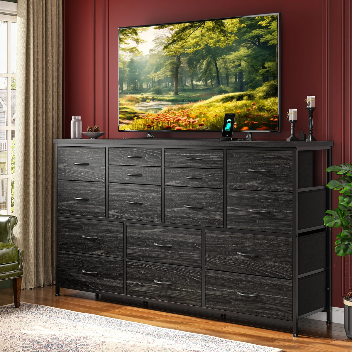 16-Drawer Fabric Dresser With Charging Station And TV Console Organizer