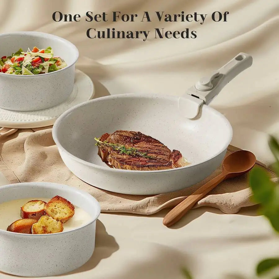 12-Piece Nonstick Pots And Pans Set - Kitchen Cookware With Removable Handles - Ideal For Home Cooking,Beige