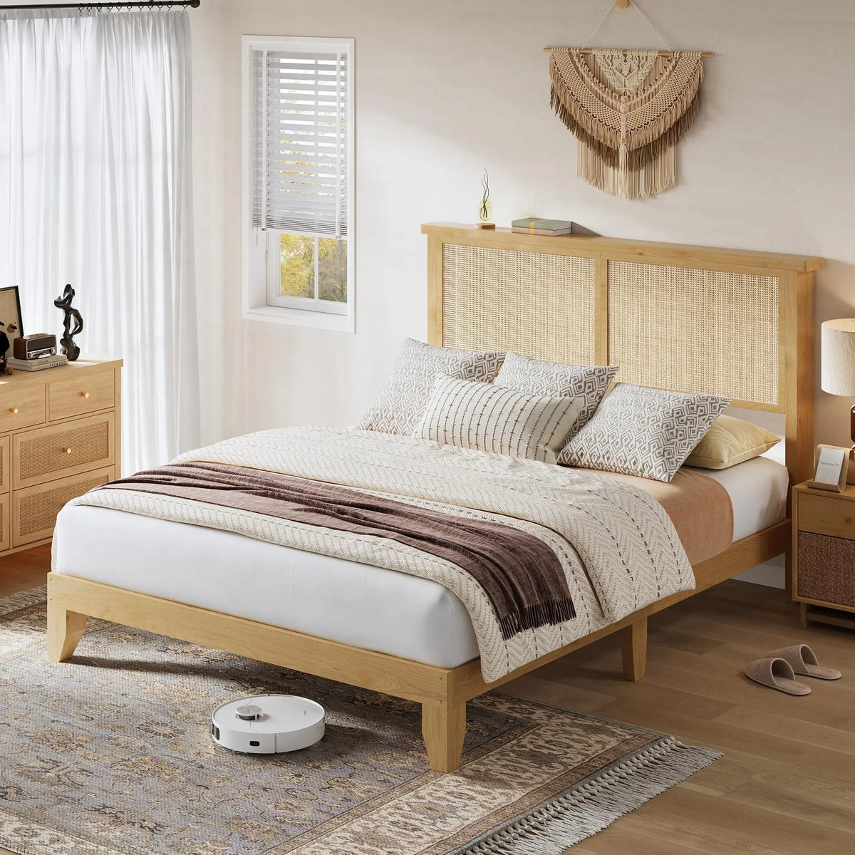 Boho Style Rattan Bed Frame with Natural Headboard & RGB LED Lights - Storage Headboard, Plain Wood Platform, Noise-Free Slats, No Box Spring Needed - Full