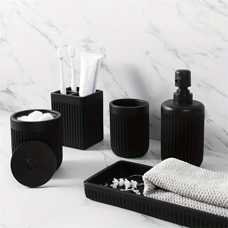 Matte Black Bathroom Accessories Set – Glass Soap Dispenser, Toothbrush Holder & Resin Tray for Modern Sink Counter Decor