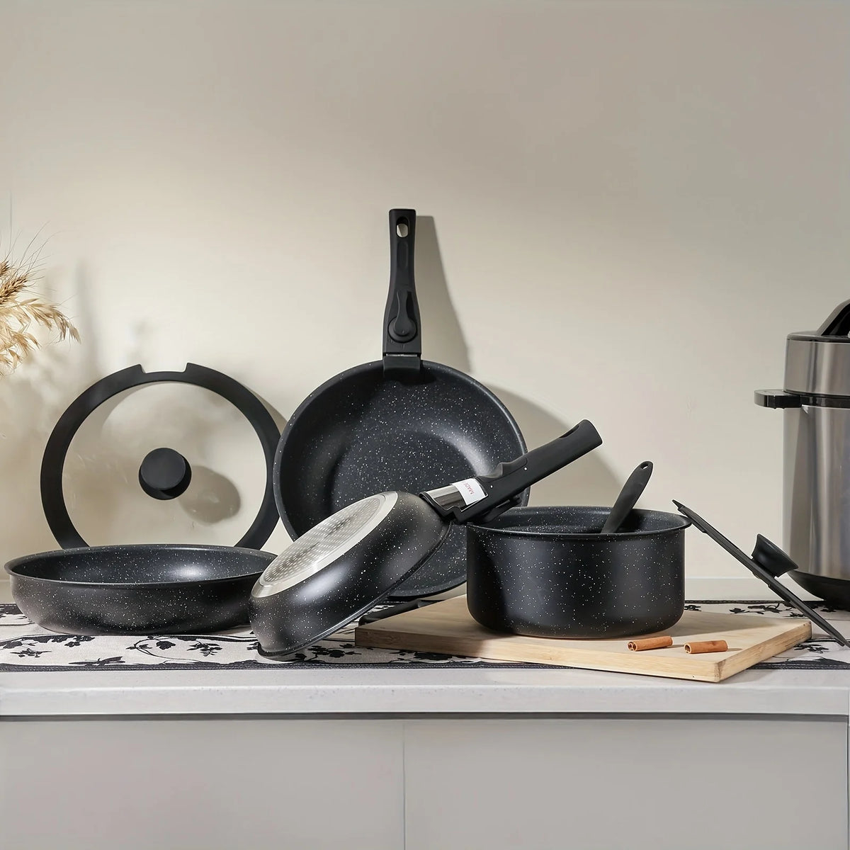 12pcs White Granite Cookware Set - Induction Ready Nonstick Pots And Pans With Removable Handles, Including Frying Pans And Sauc