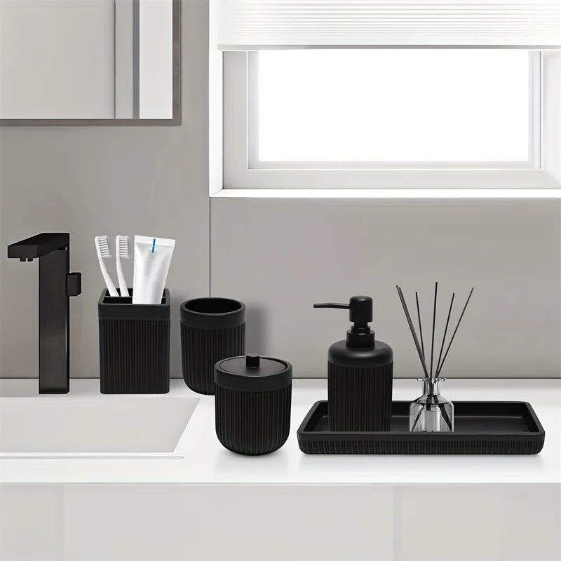 Matte Black Bathroom Accessories Set – Glass Soap Dispenser, Toothbrush Holder & Resin Tray for Modern Sink Counter Decor