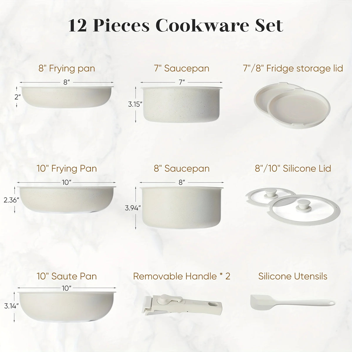 12pcs White Granite Cookware Set - Induction Ready Nonstick Pots And Pans With Removable Handles, Including Frying Pans And Sauc