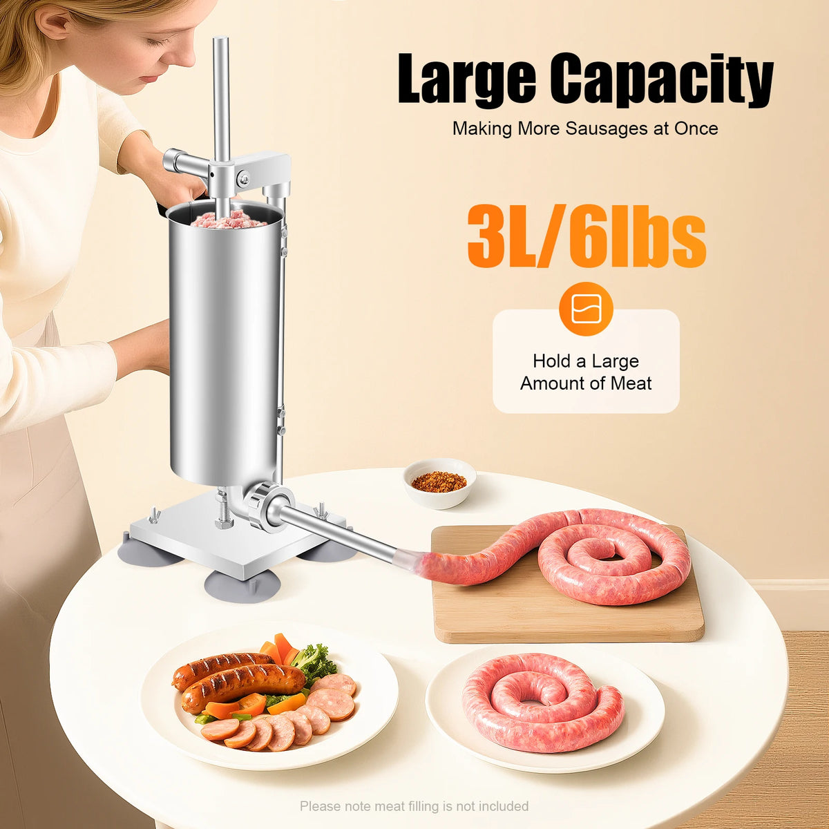 3L/6lbs Manual Sausage Stuffer, Home Use Vertical Sausage Filler Machine with 6 Different Inner Diameter Tubes