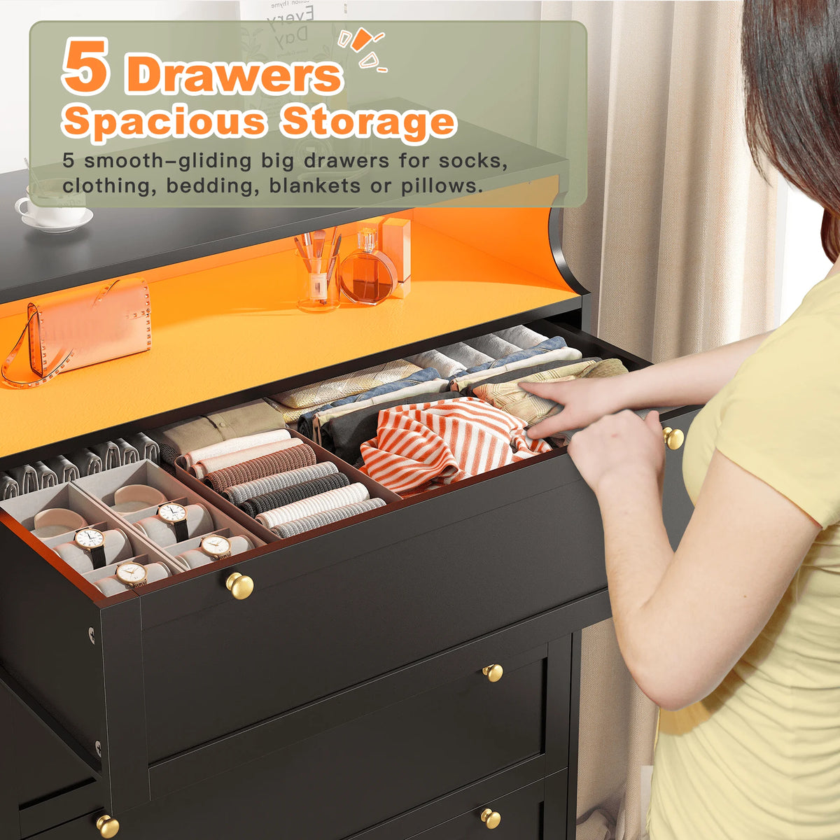 EnHomee 5 Drawer Dresser With LED Lights And Shelves