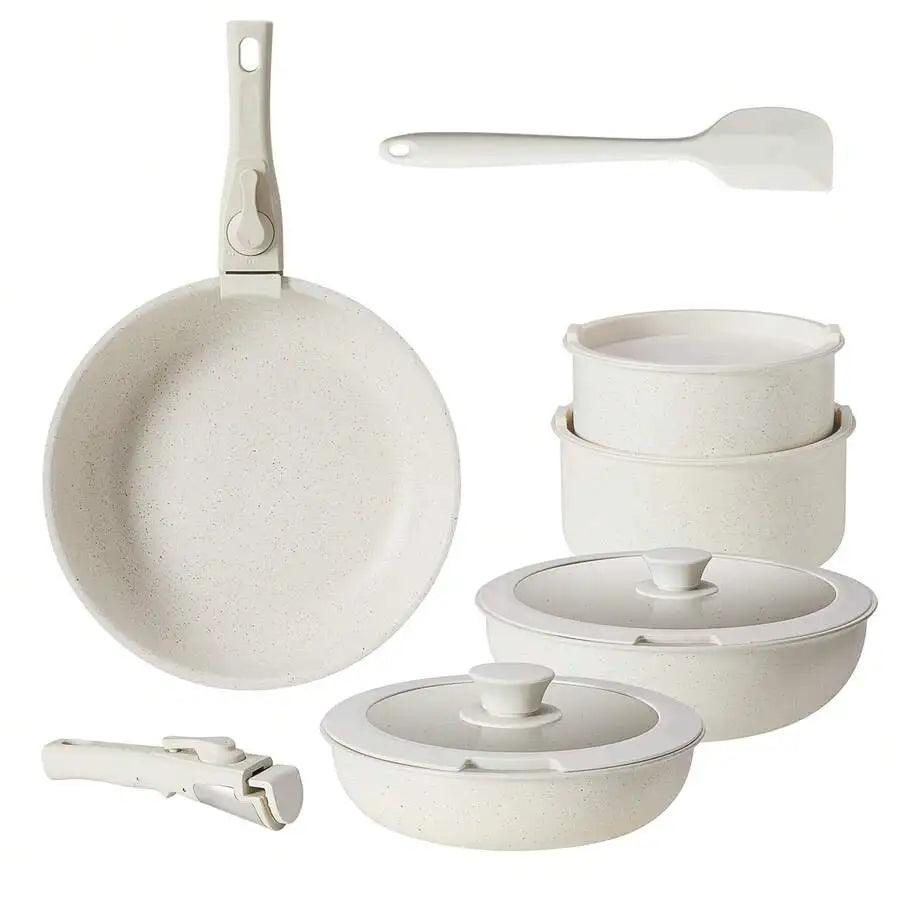 12-Piece Nonstick Pots And Pans Set - Kitchen Cookware With Removable Handles - Ideal For Home Cooking,Beige