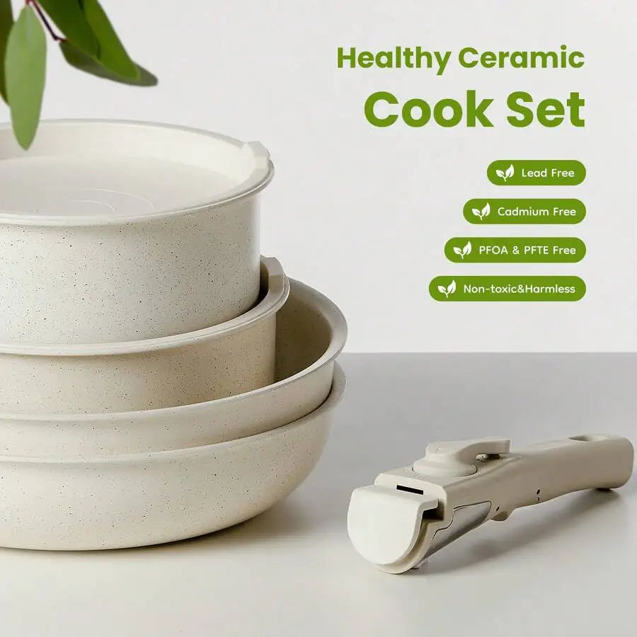 12-Piece Nonstick Pots And Pans Set - Kitchen Cookware With Removable Handles - Ideal For Home Cooking,Beige