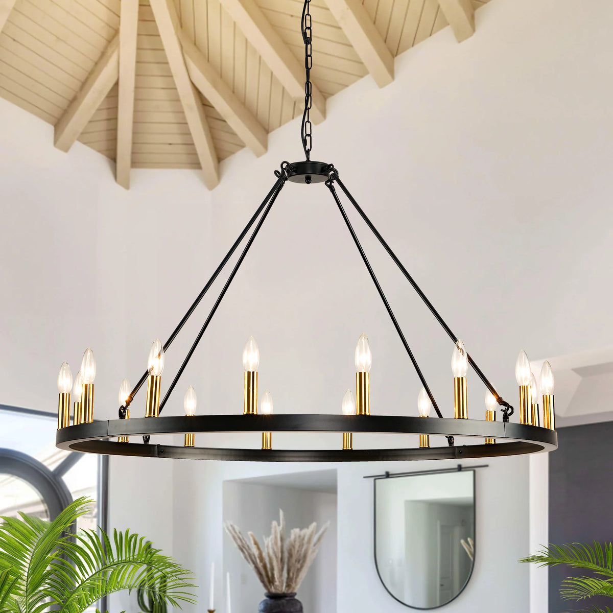 16-Light Wagon Wheel Chandelier Round Matte 43 inch Modern Rustic Farmhouse Pendant Light Large Chandeliers for Living Room