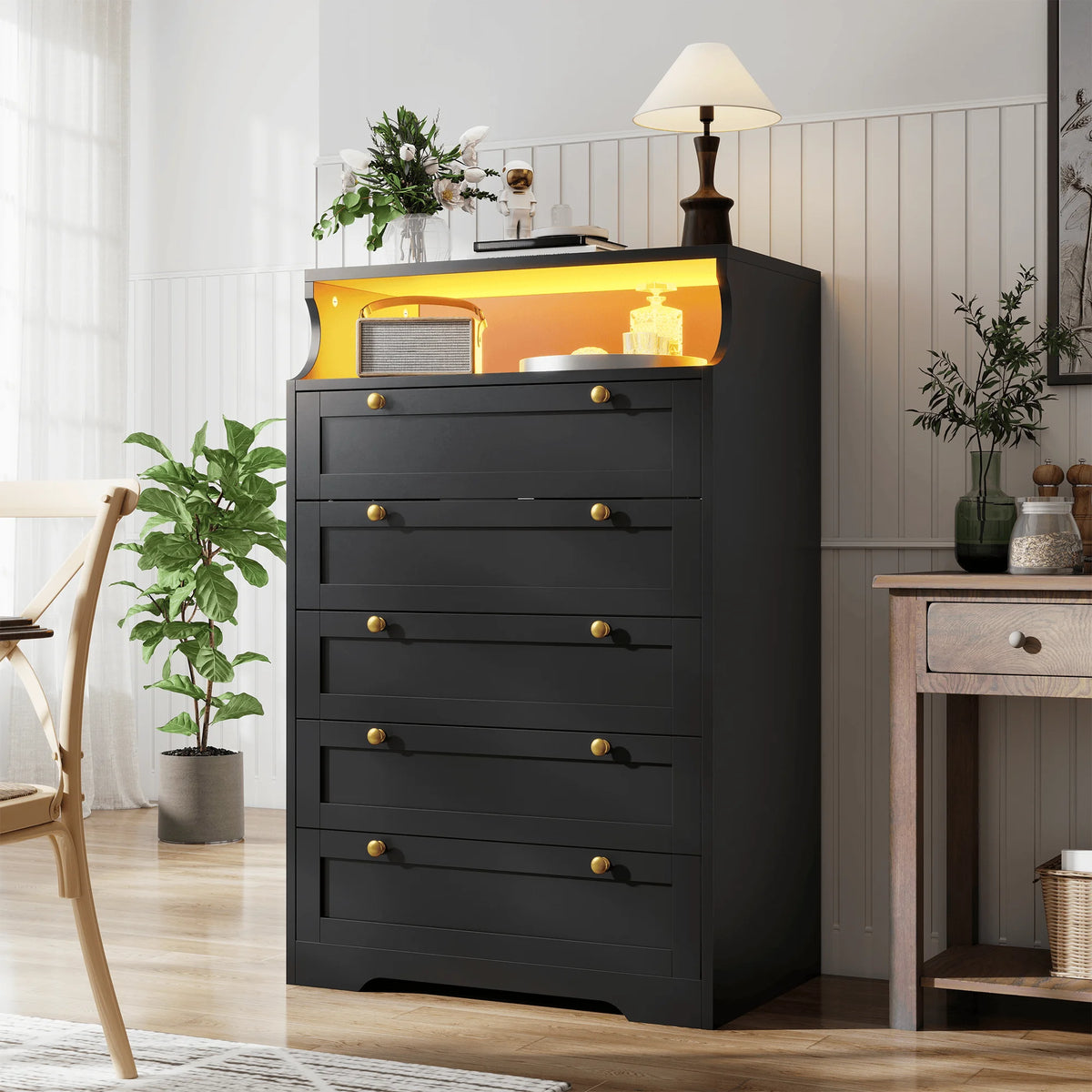 EnHomee 5 Drawer Dresser With LED Lights And Shelves