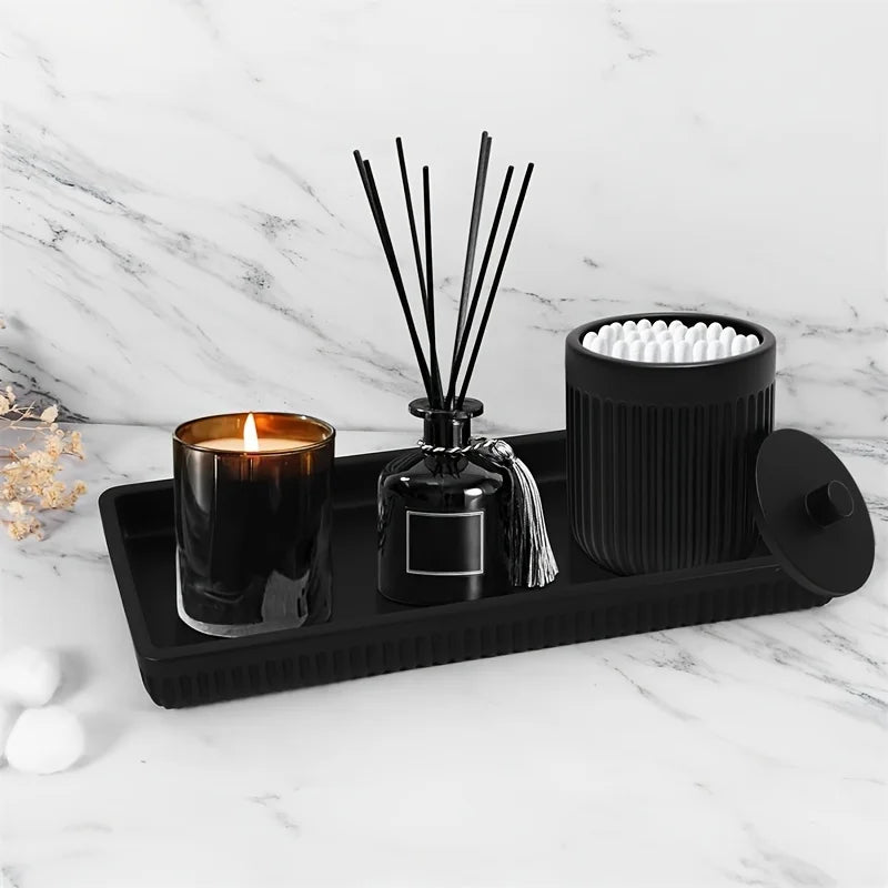 Matte Black Bathroom Accessories Set – Glass Soap Dispenser, Toothbrush Holder & Resin Tray for Modern Sink Counter Decor