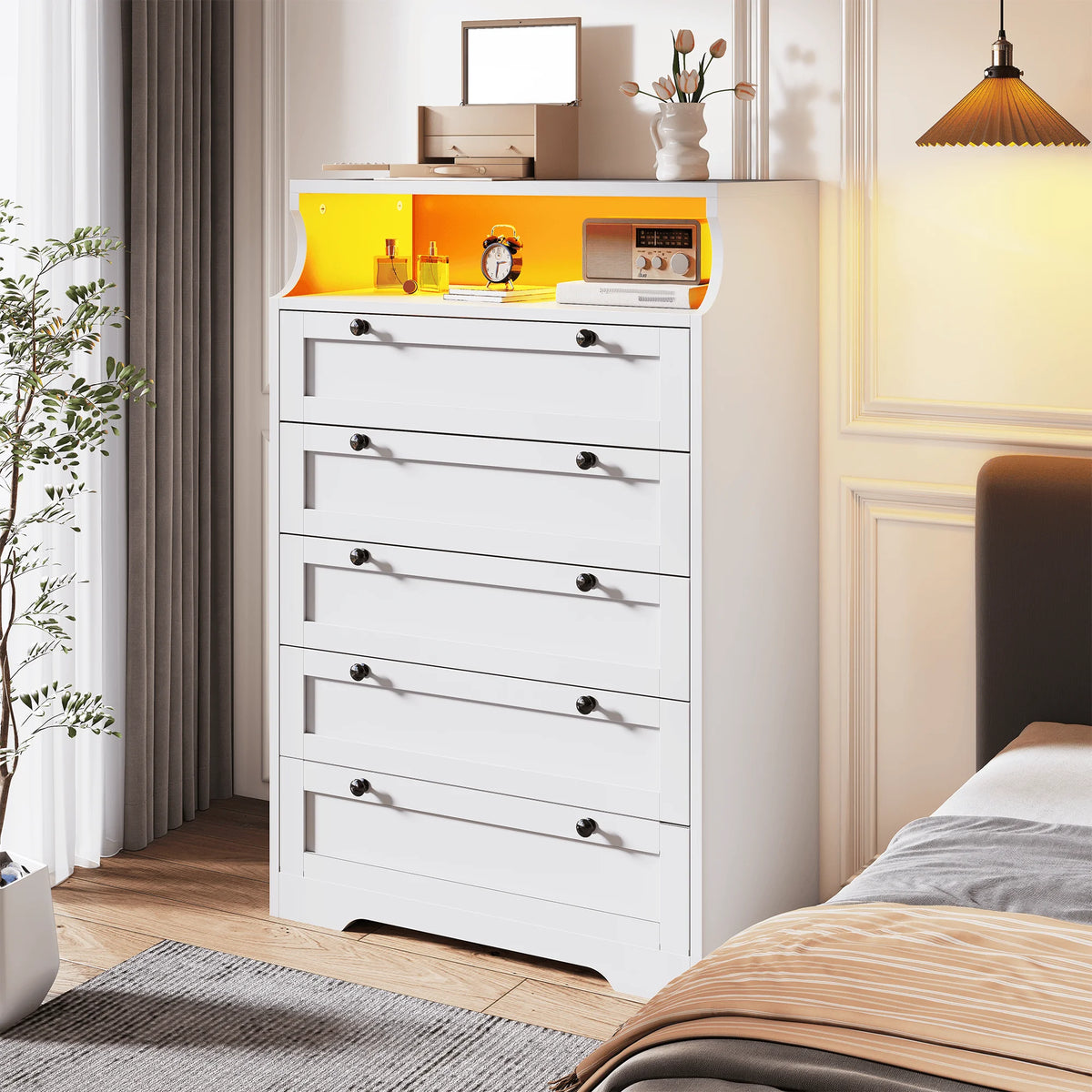 EnHomee 5 Drawer Dresser With LED Lights And Shelves