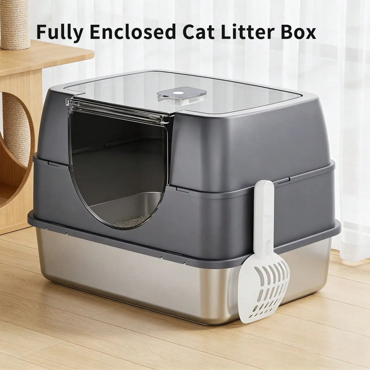 Large Stainless Steel Enclosed Cat Litter Box With Lid High Splash Proof Sided Metal Kitty Potty Front Entry Top Exit Dog Proof Odor Control Leak Resistant Easy Clean Complete Set With Litter Mat Litter Scoop & Filter Step Fo