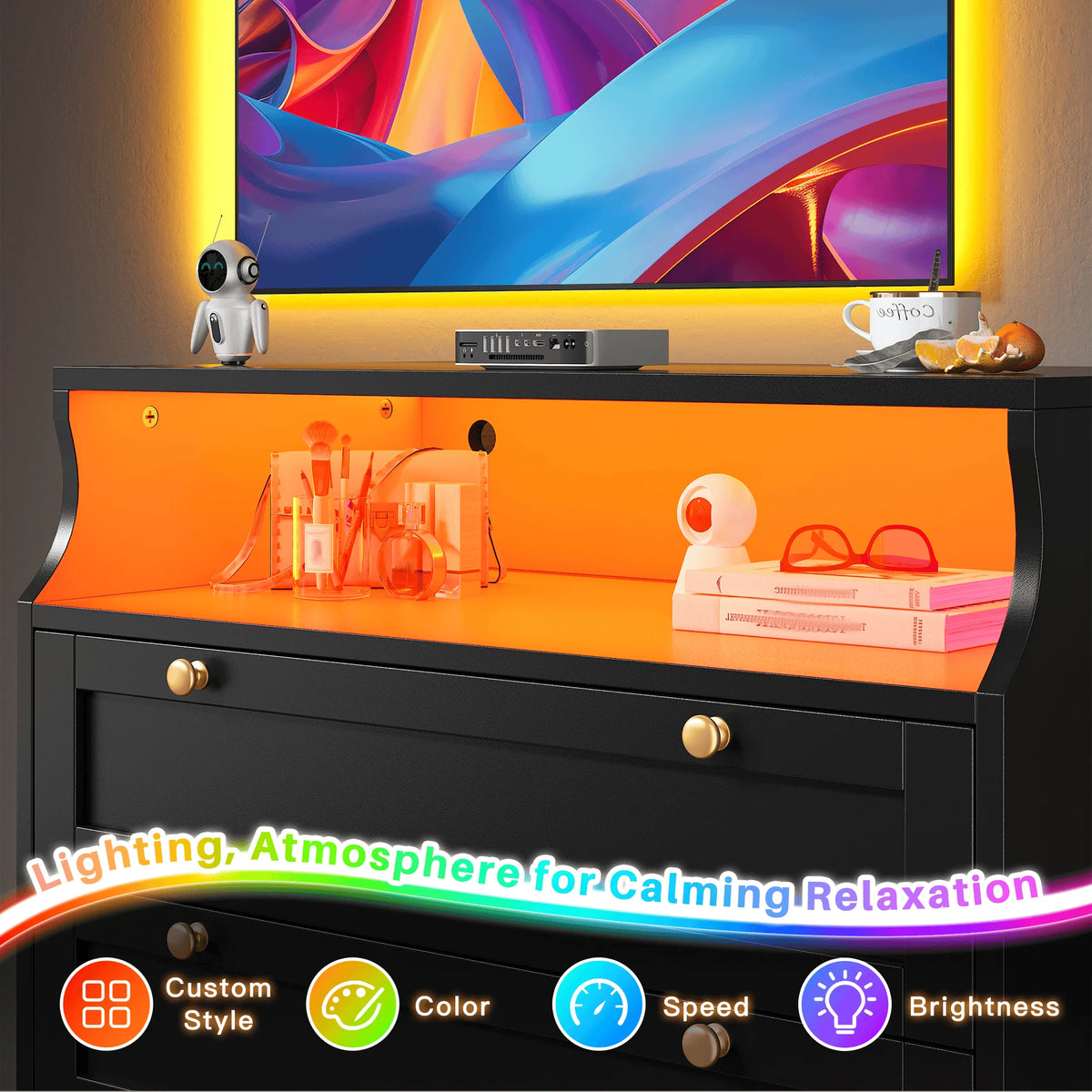 EnHomee 5 Drawer Dresser With LED Lights And Shelves