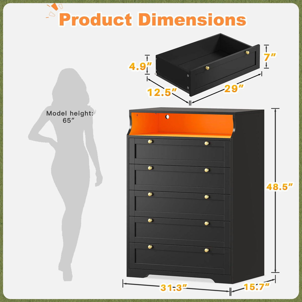 EnHomee 5 Drawer Dresser With LED Lights And Shelves