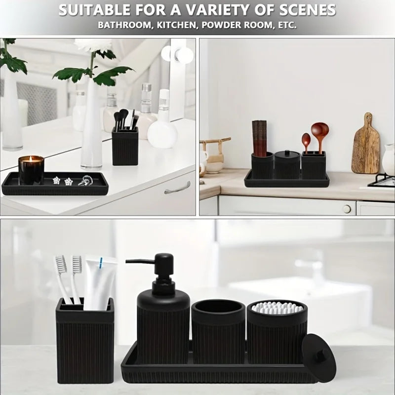 Matte Black Bathroom Accessories Set – Glass Soap Dispenser, Toothbrush Holder & Resin Tray for Modern Sink Counter Decor
